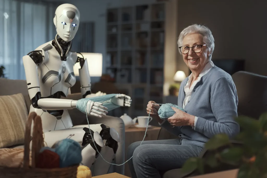 Robot humanoide asistencial ayuda a una mujer mayor a devanar un ovillo de lana en su casa