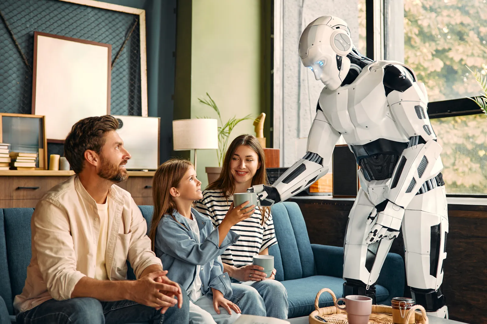 Robot humanoide doméstico entrega una taza a una niña en el salón de casa, junto a sus padres