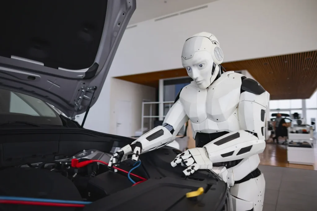 Robot humanoide manipula los cables del motor de un coche con el capó abierto